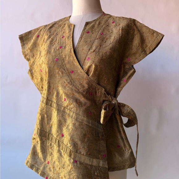 Love Tops - Love Gold Wrap Blouse with Pink Embroidery